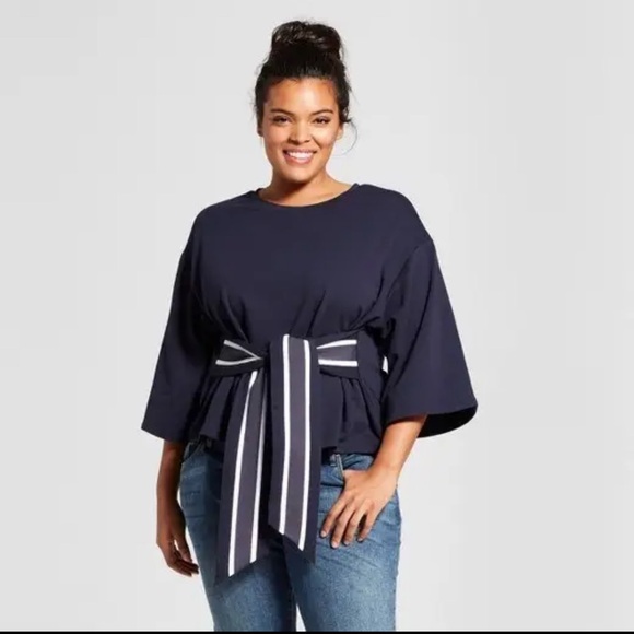 Who What Wear- Navy Blue Women's Top with Striped Bow - Picture 1 of 1